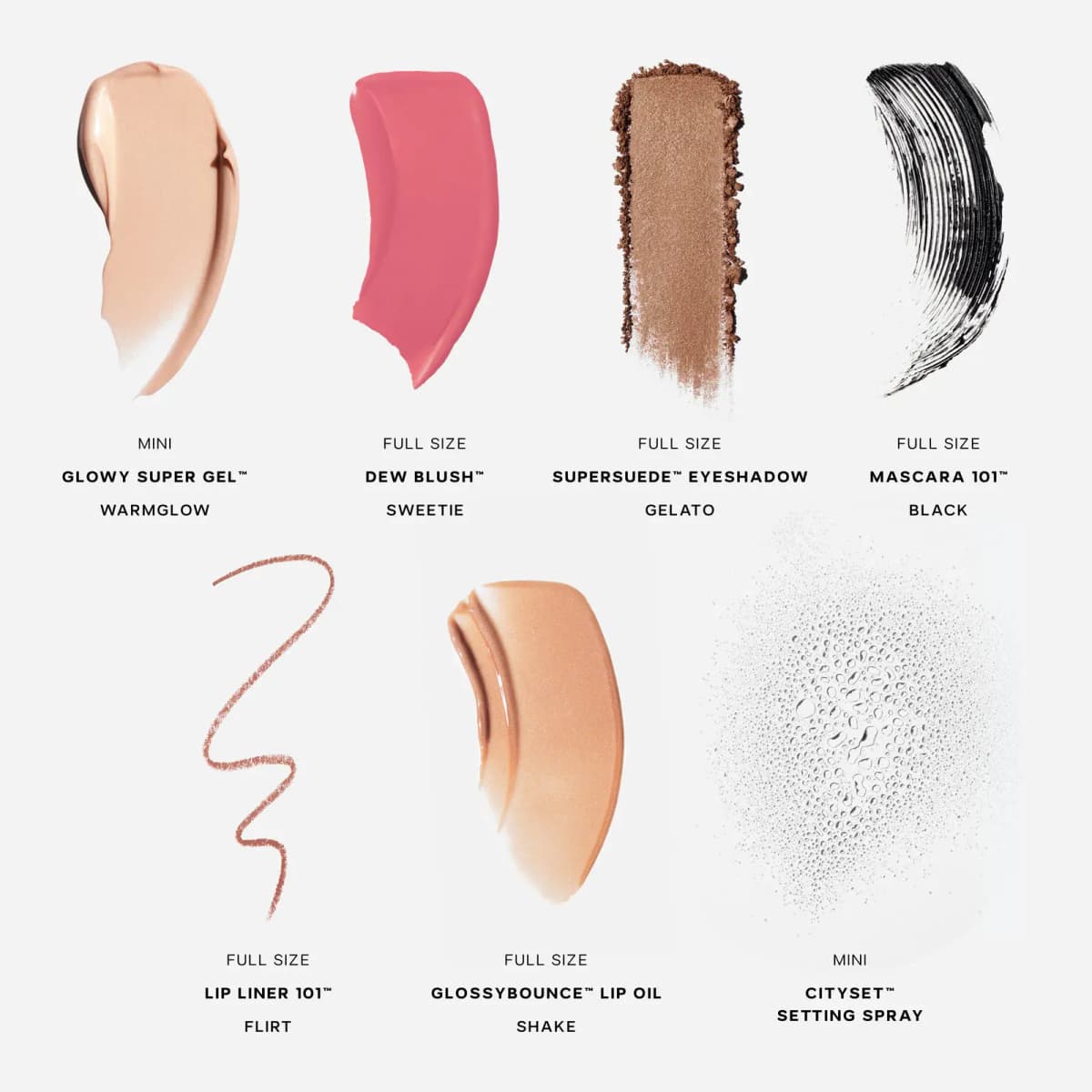 Swatches of Warmglow gel, Sweetie blush, Gelato shadow, Black mascara, Flirt liner, Shake lip oil and Cityset mist