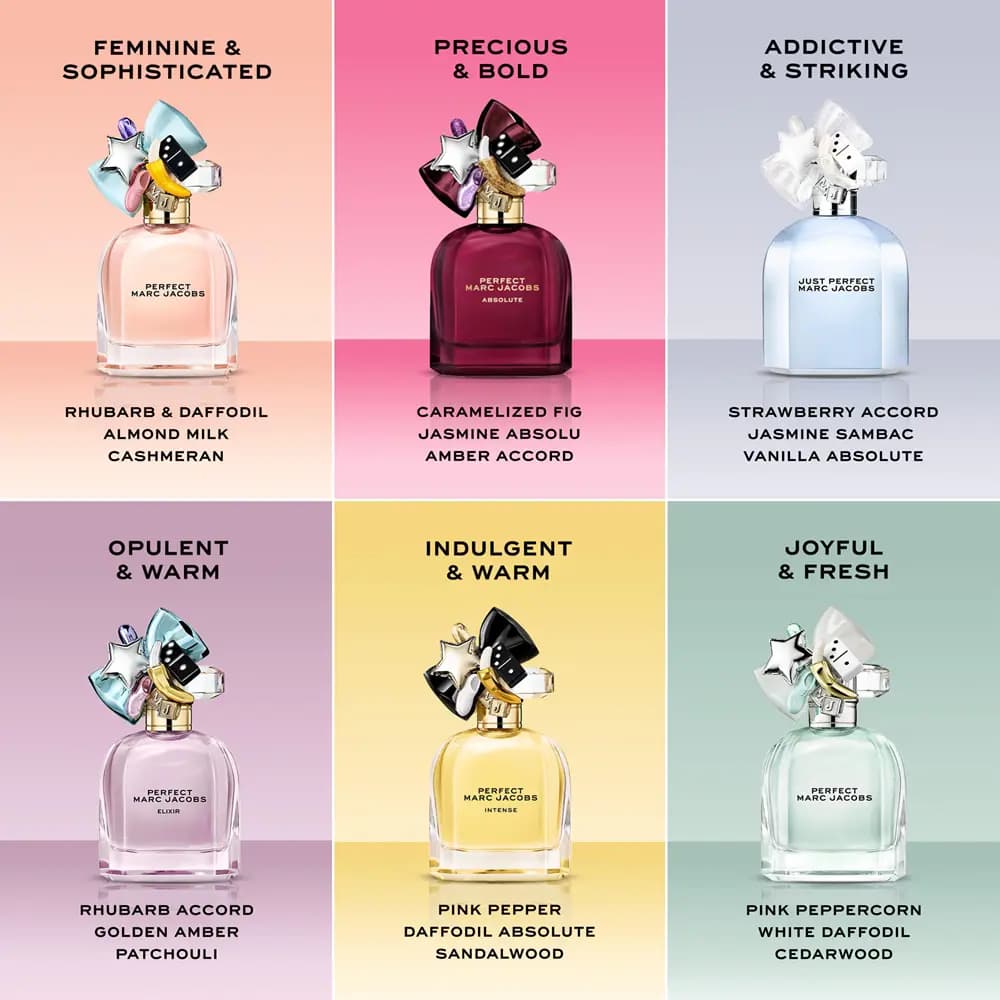 Grid of six Marc Jacobs Perfect bottles in pink, burgundy, blue, lilac, yellow and mint, each with mood and key notes