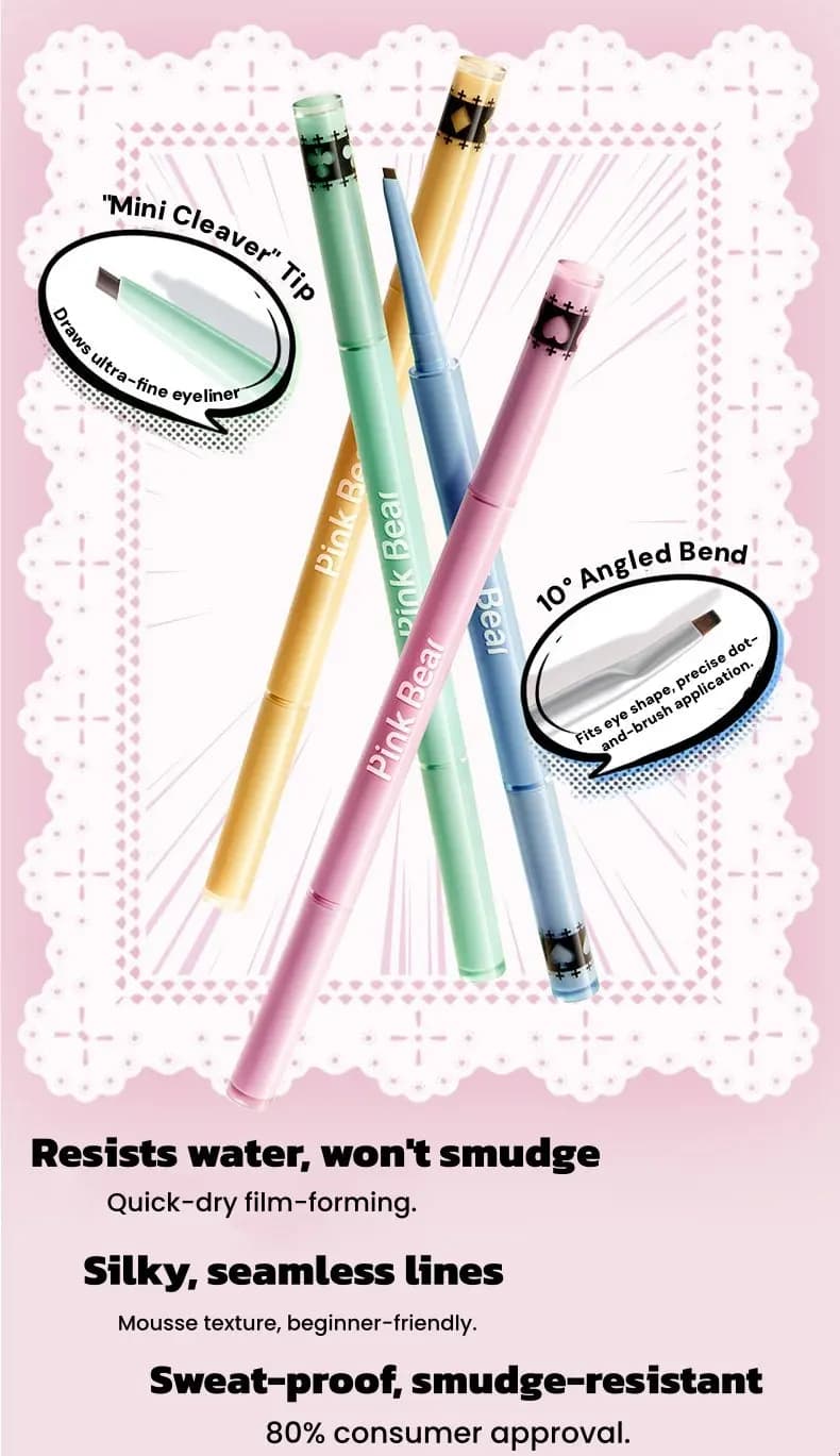 Three Pink Bear eyeliner pens in yellow, green and pink showing angled cleaver tip details and performance claims.