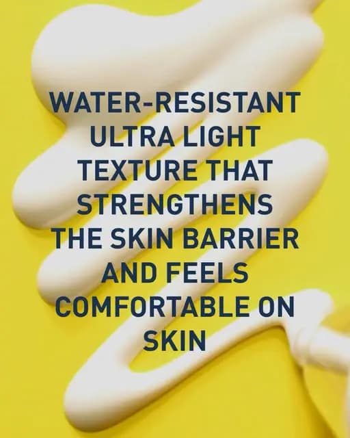 White sunscreen squiggle on yellow with navy text: water-resistant, ultra light texture that strengthens the skin barrier