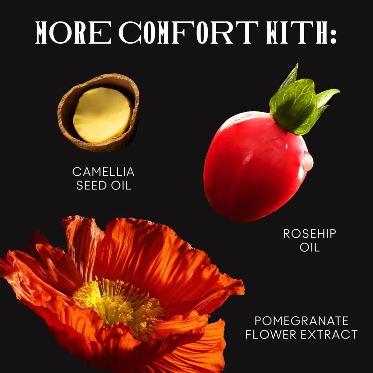 MAC ingredient card on black showing camellia seed oil, rosehip oil and pomegranate flower extract
