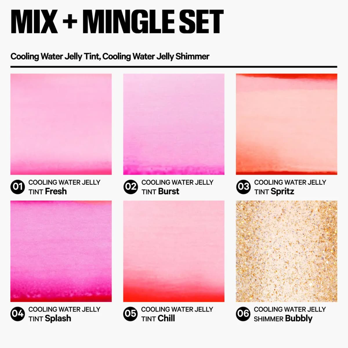 Mix + Mingle swatches of pink, berry, coral and red jelly tints plus a gold and silver shimmer stick