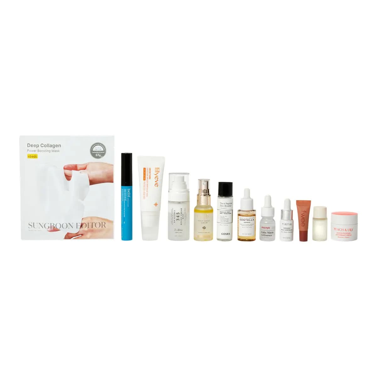 All 12 calendar products lined up: Sungboon Editor sheet mask, belif tube, lilyeve, COSRX, SKIN1004 Centella, ma:nyo, Peach & Lily