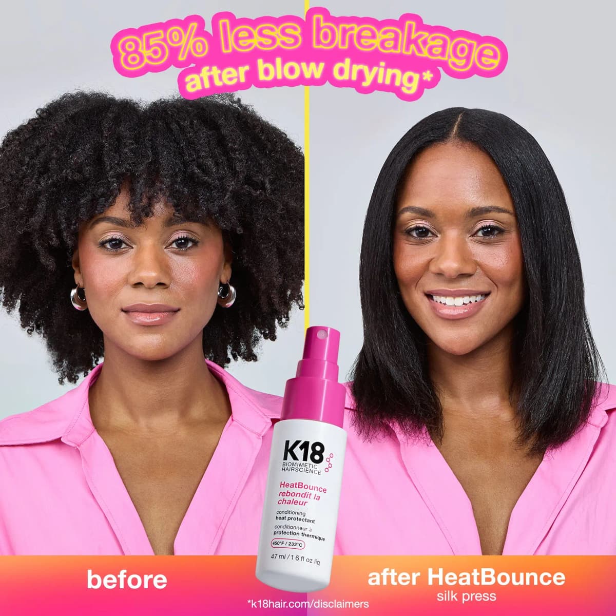 Woman's natural curly hair beside her sleek silk press after K18 HeatBounce, claiming 85% less breakage