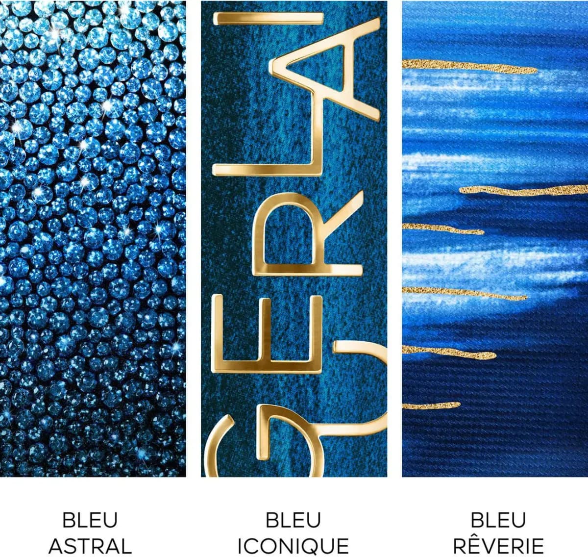 Three blue case finish swatches: crystal-studded Bleu Astral, gold-lettered Bleu Iconique and painted Bleu Rêverie.