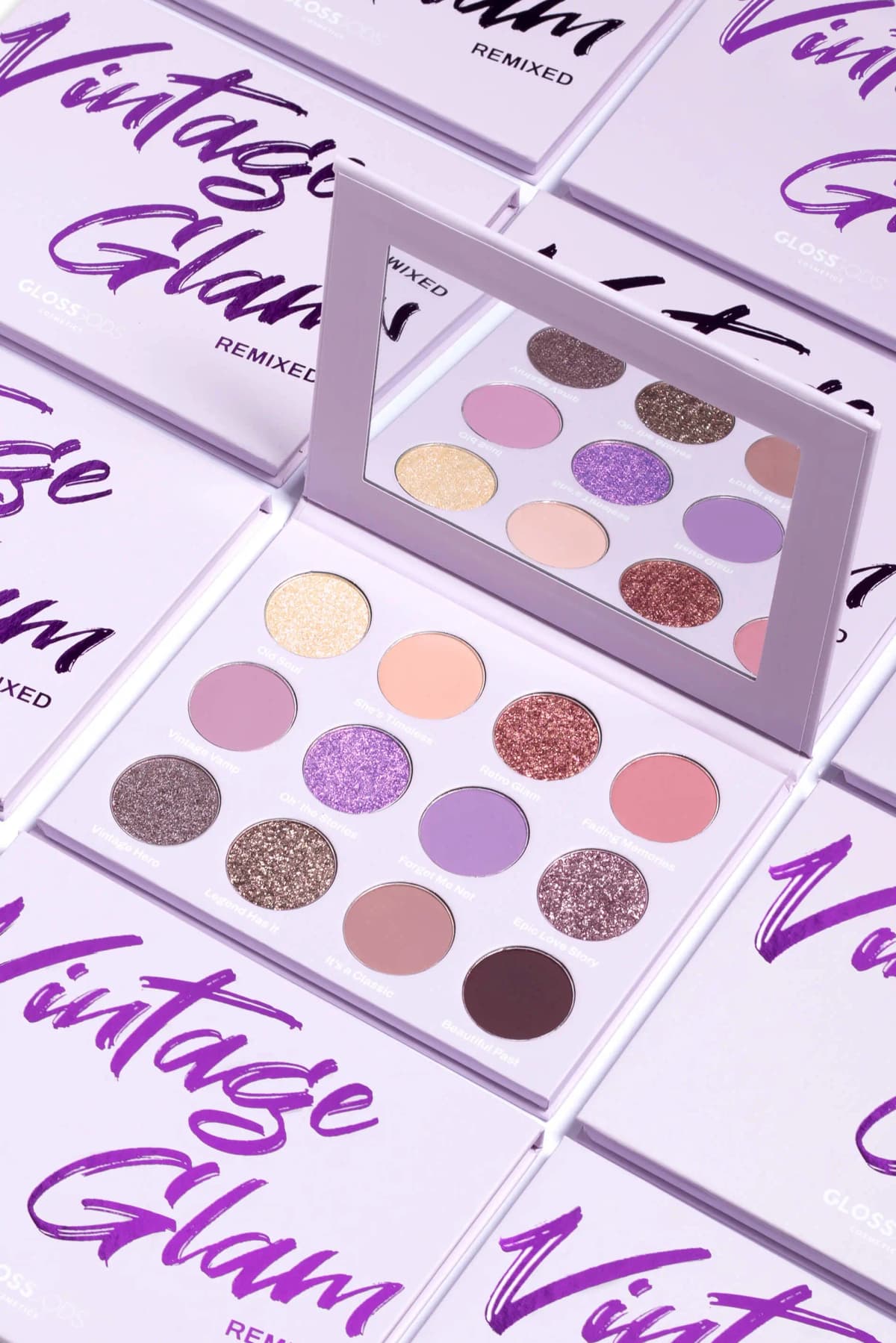 Open Vintage Glam Remixed eyeshadow palette with mattes, shimmers and glitters in nudes and purples