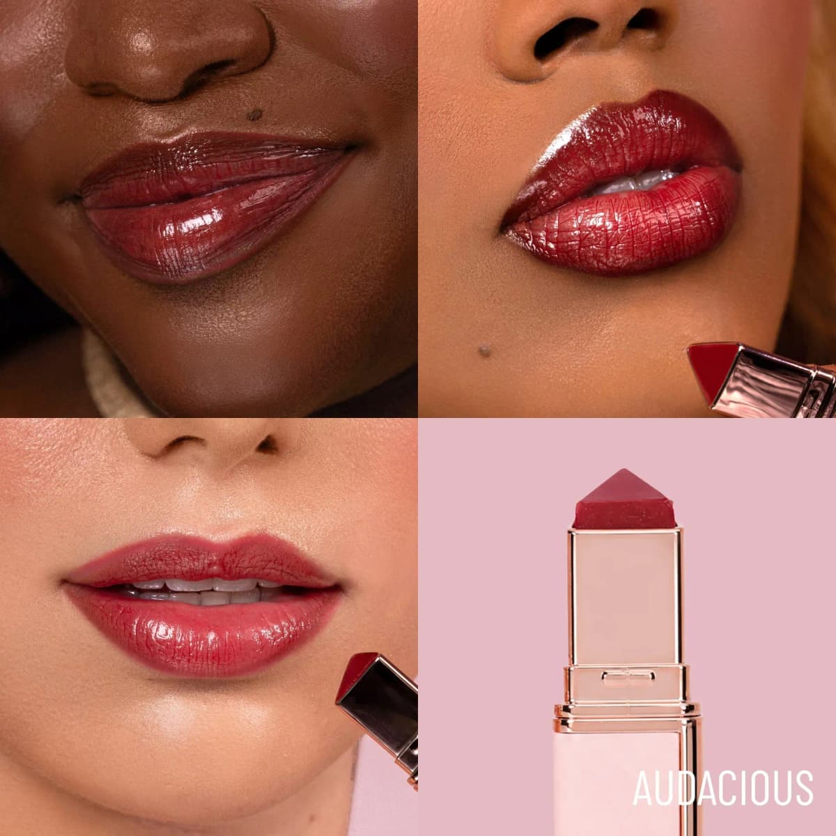 Audacious lip swatches on three skin tones showing a glossy deep red finish, beside the red pointed balm bullet