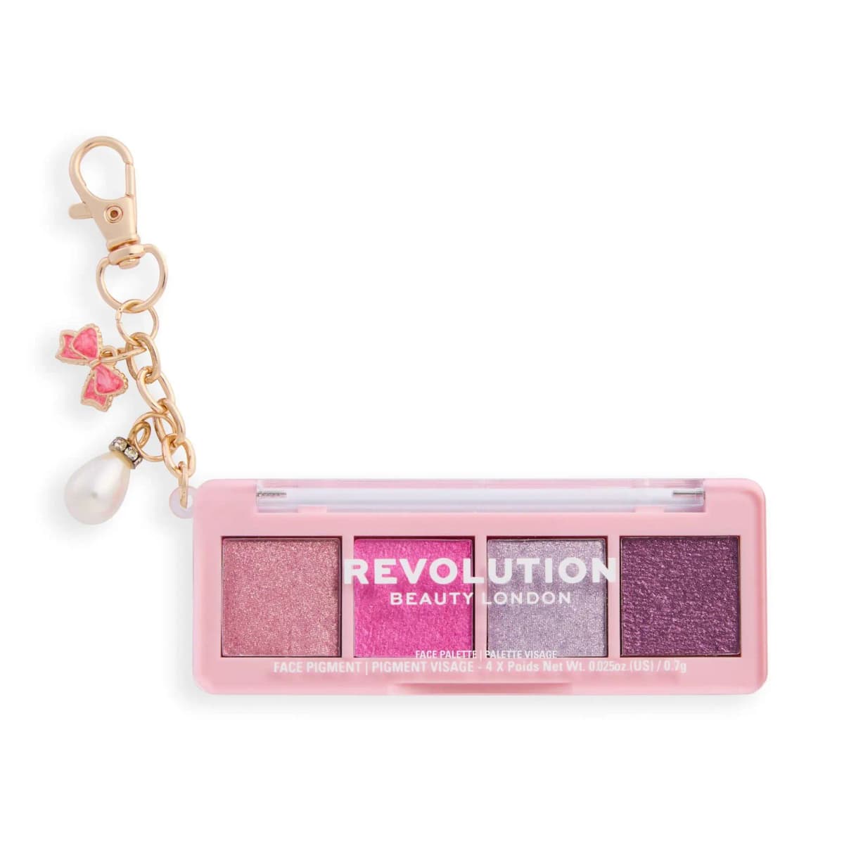 Mini four-pan palette in shimmery pink, hot pink, lilac and plum, with a bow and pearl charm keychain