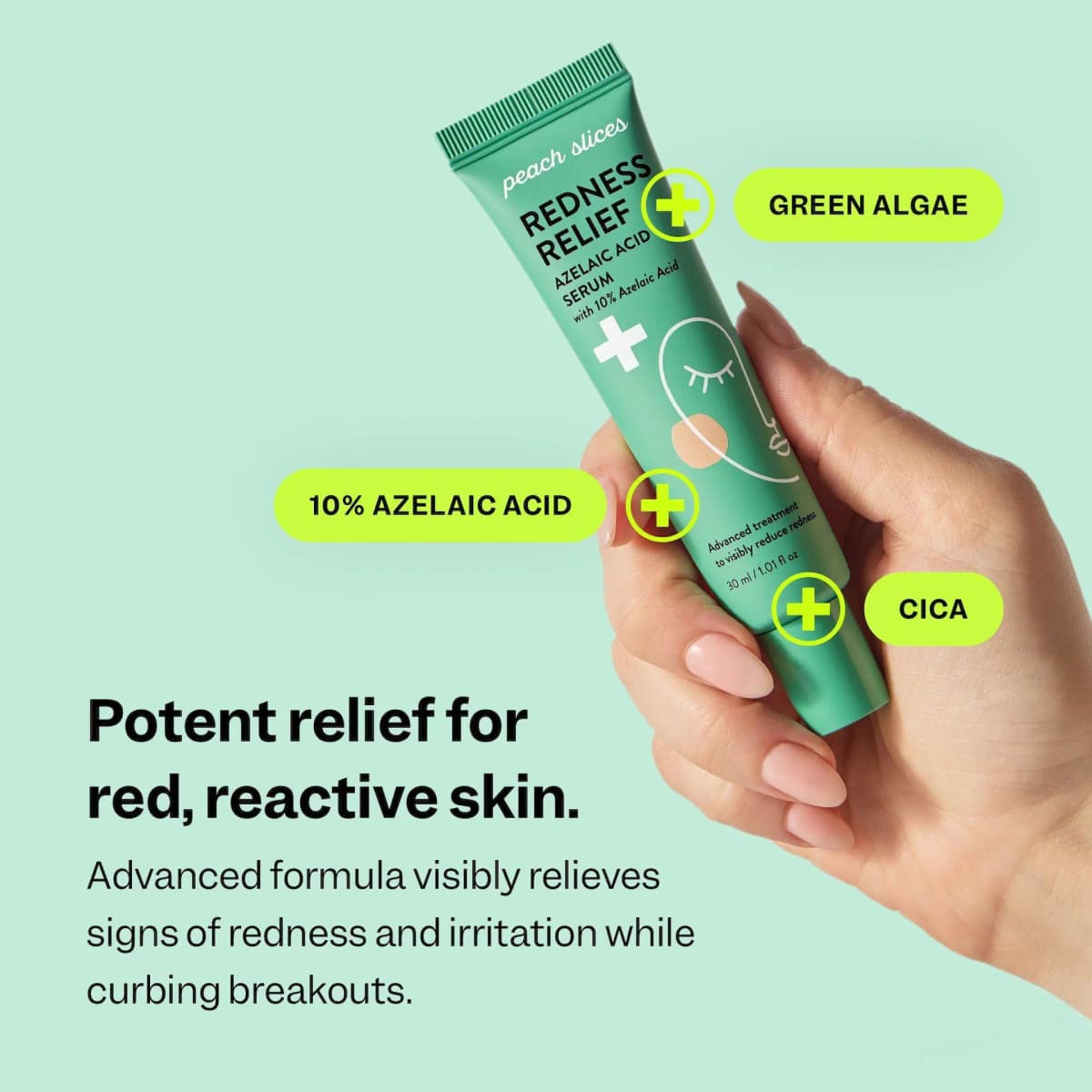 Hand with pink nails holds teal Redness Relief tube labelled 10% azelaic acid, green algae and cica on mint background