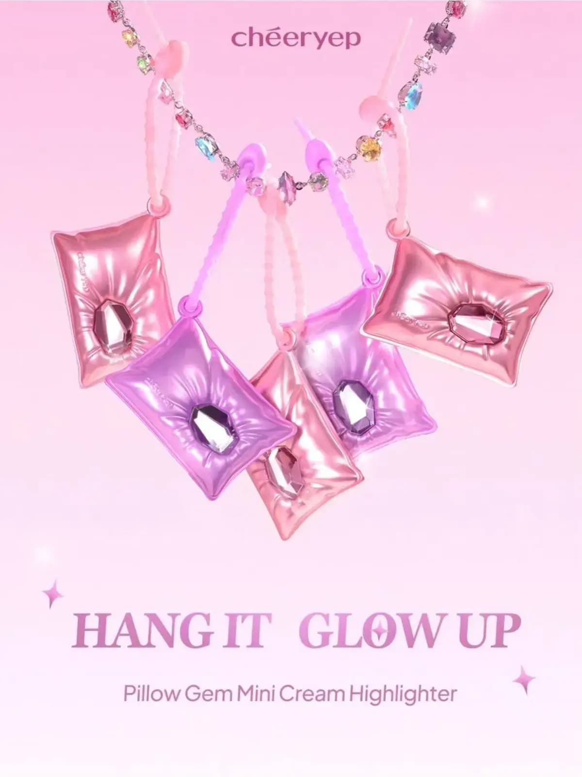 Chéeryep Pillow Gem Mini Cream Highlighter cases in pink and purple, shaped like pillows with gems