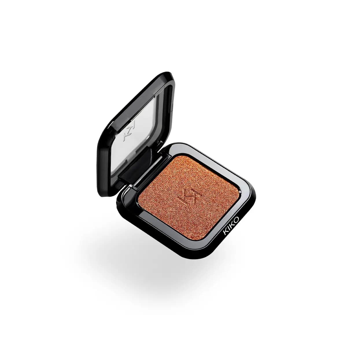 Open KIKO eyeshadow compact in a shimmering metallic copper orange shade with embossed logo in the pan.
