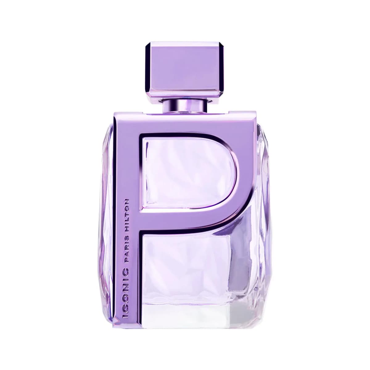 ICONIC Queen bottle with shiny lavender P-shaped frame, square cap and faceted lilac glass on a white background