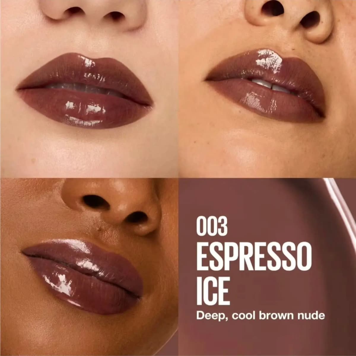 Espresso Ice deep cool brown nude gloss swatched on light, medium and deep skin tones