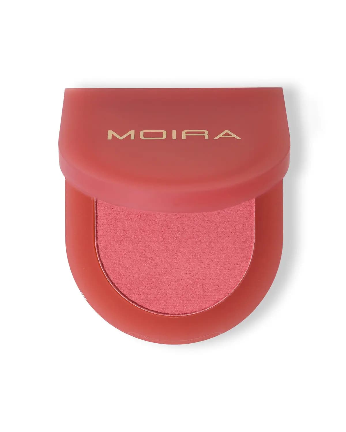 Red Moira blush compact opened to reveal a smooth pink matte powder.