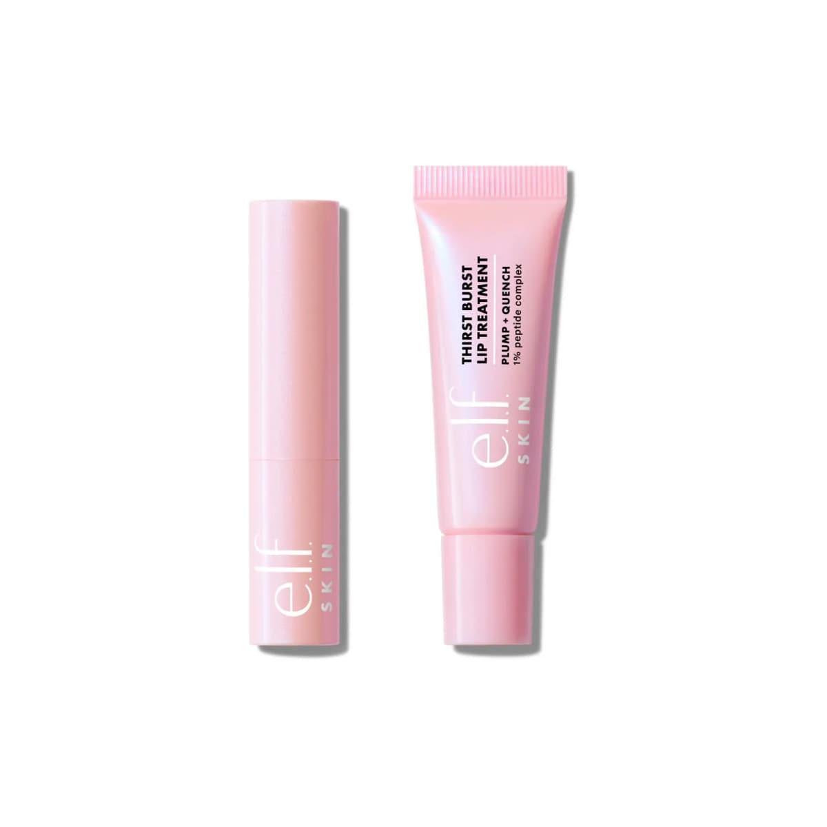 Capped pearly pink e.l.f. SKIN lip stick beside a Thirst Burst Lip Treatment tube labelled 1% peptide complex on white.