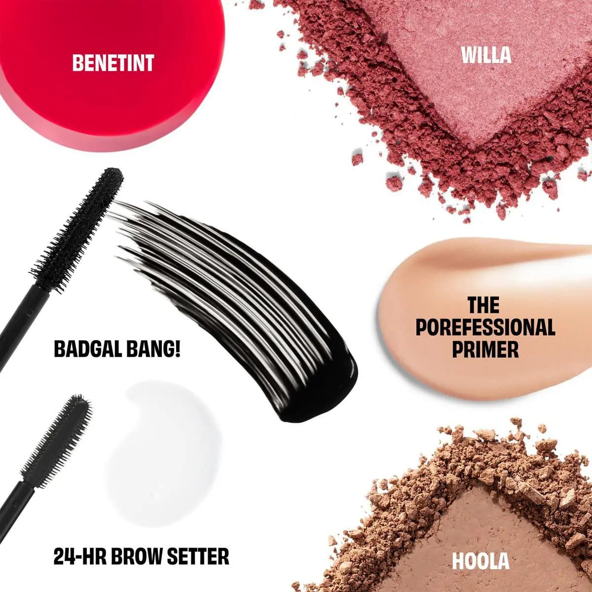 Swatches of Benetint red, Willa pink powder, POREfessional Primer beige, Hoola bronze, BADgal BANG! and clear Brow Setter