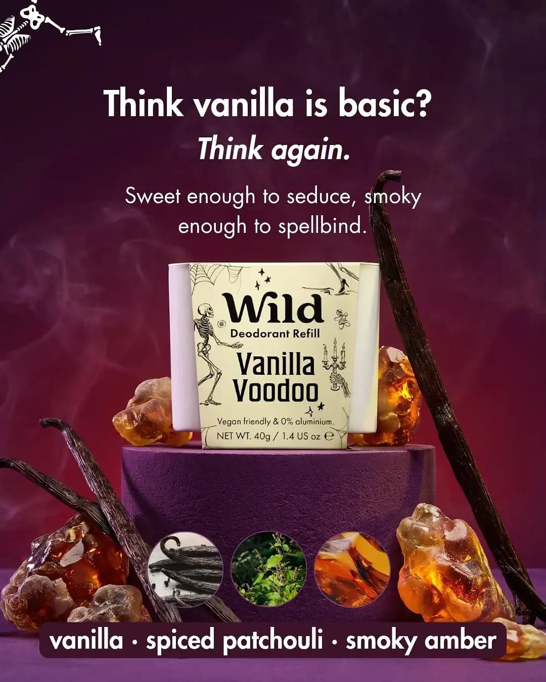 Wild Vanilla Voodoo deodorant refill on a purple plinth with vanilla pods and amber resin, listing its scent notes