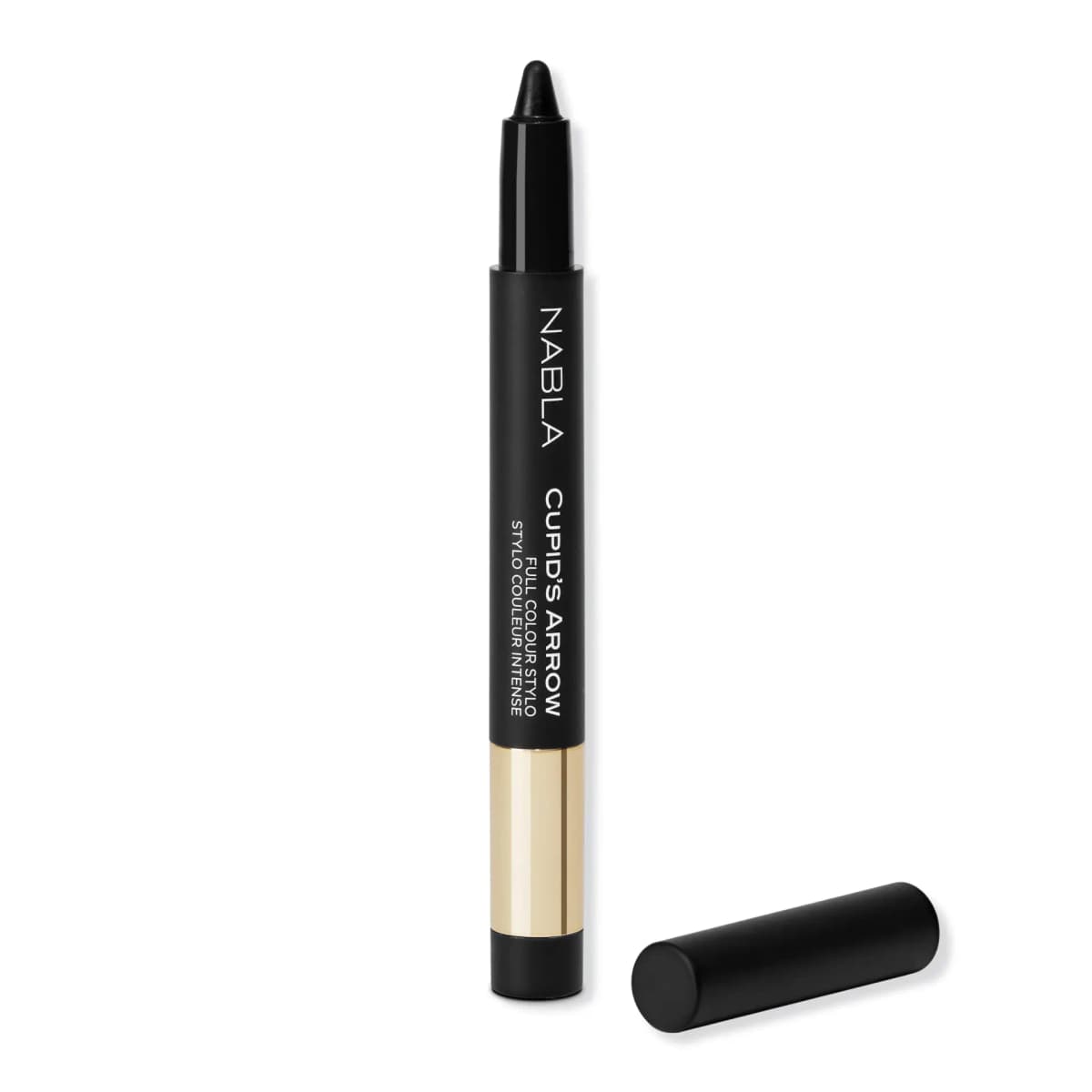 Black Cupid's Arrow Full Colour Stylo pencil with gold band, shown uncapped