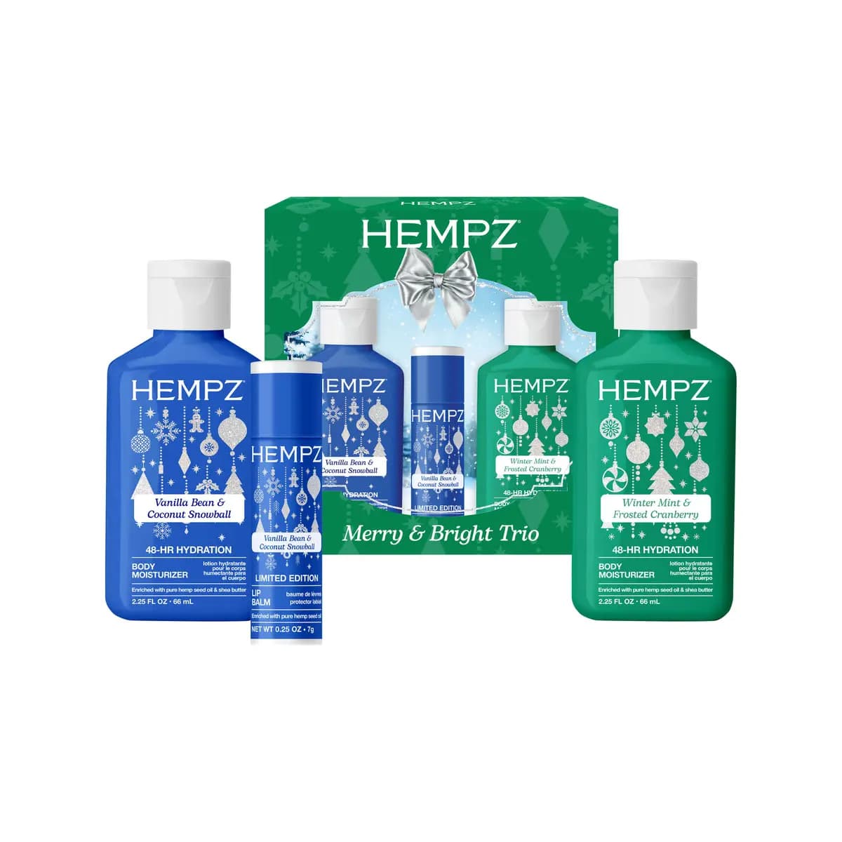 Merry & Bright Trio contents displayed: blue Vanilla Bean lotion, matching lip balm, and green Winter Mint lotion