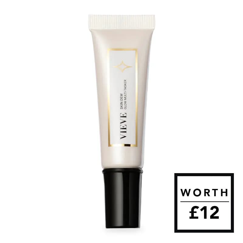 Pearly white Vieve Skin Dew glow multi-tasker tube with gold star label and black cap, worth £12