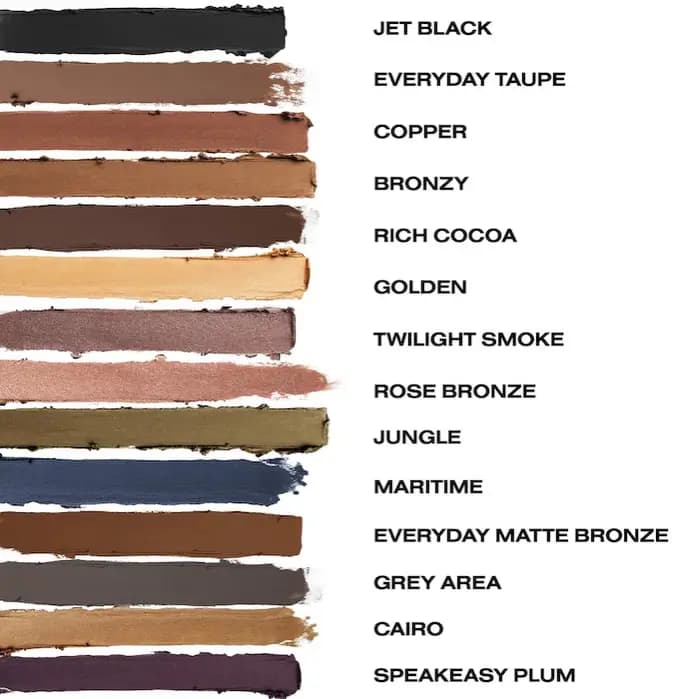 Swatch chart of 14 eyeliner shades from Jet Black and Copper to Maritime, Cairo and Speakeasy Plum