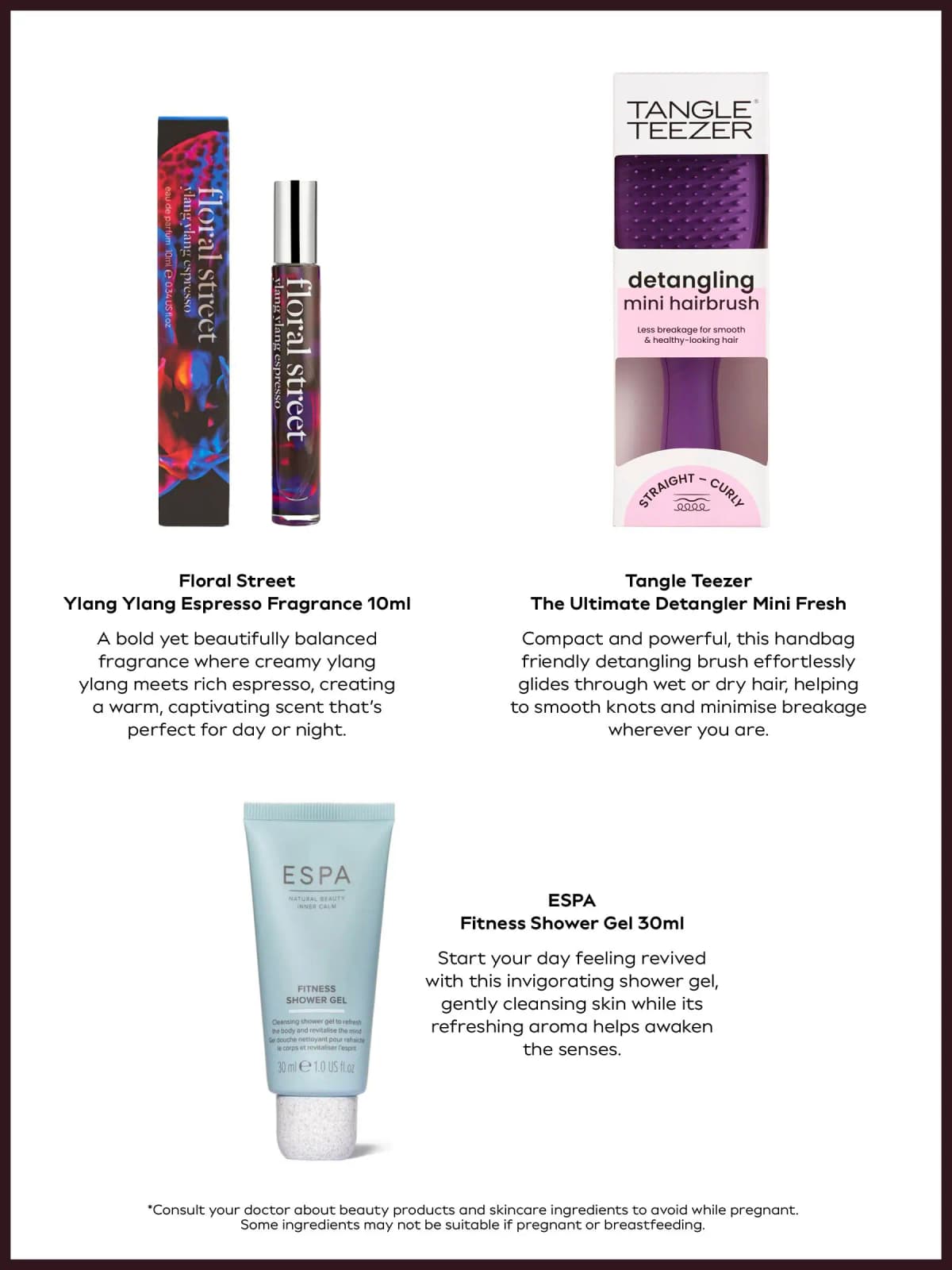 Leaflet page showing Floral Street Ylang Ylang Espresso, Tangle Teezer mini brush box and ESPA Fitness Shower Gel tube