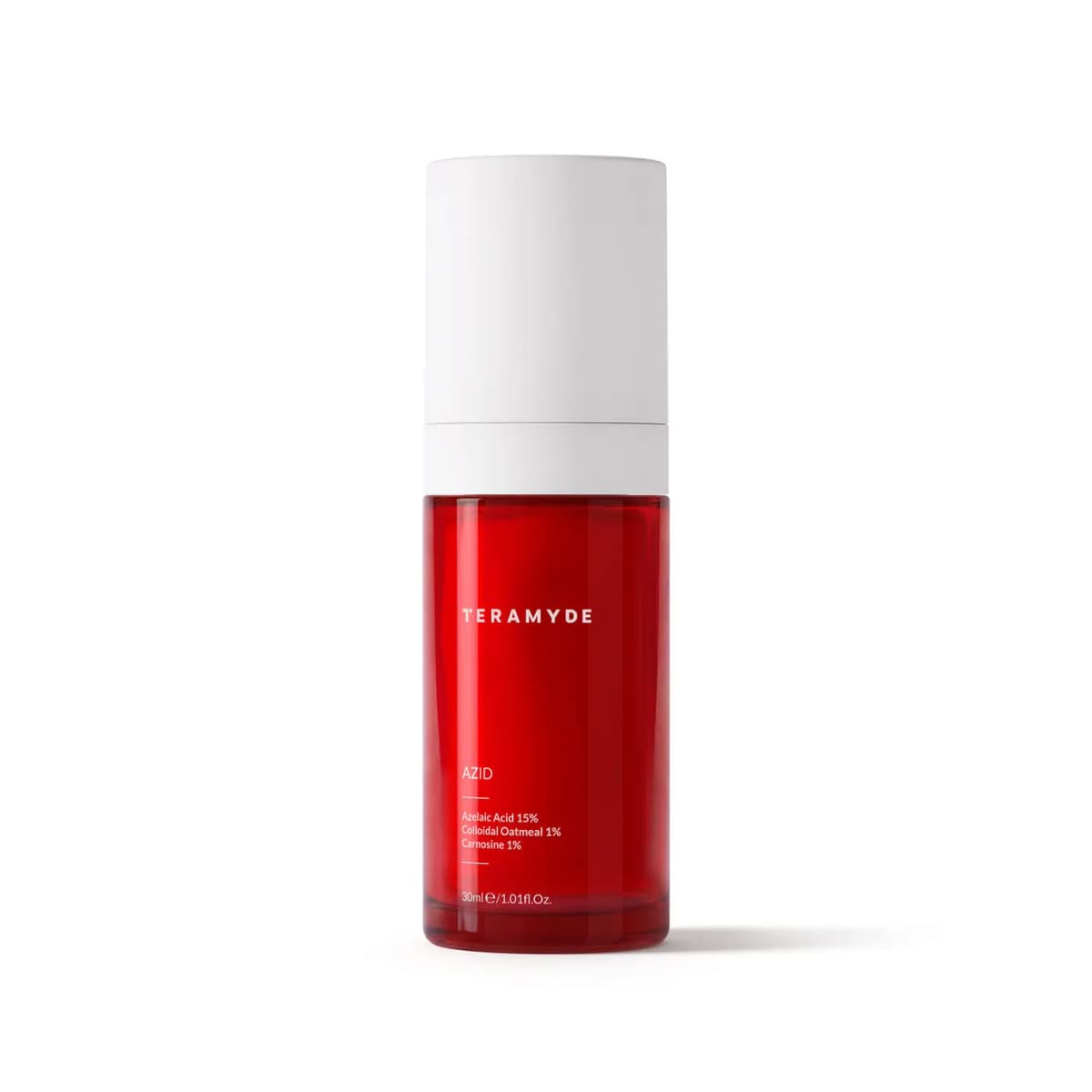 Red glass pump bottle of Teramyde Azid serum with 15% azelaic acid, colloidal oatmeal and carnosine, 30ml