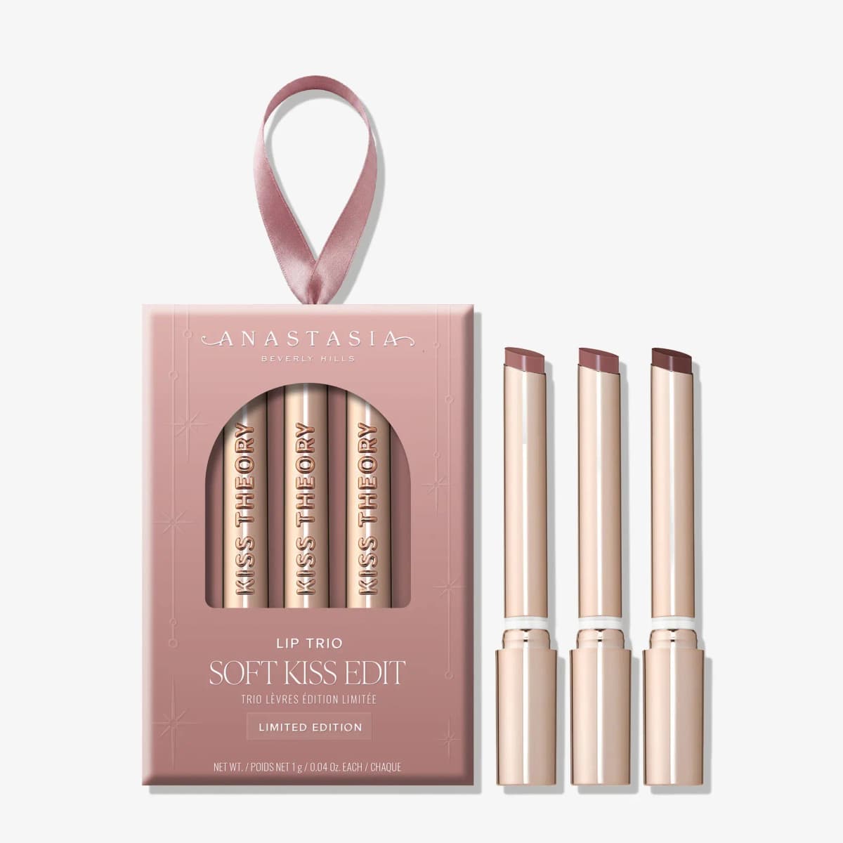 Anastasia Beverly Hills Holiday 2026 Sets: Soft Kiss Edit Kiss Theory lip trio in ornament box with three nude-mauve bullets