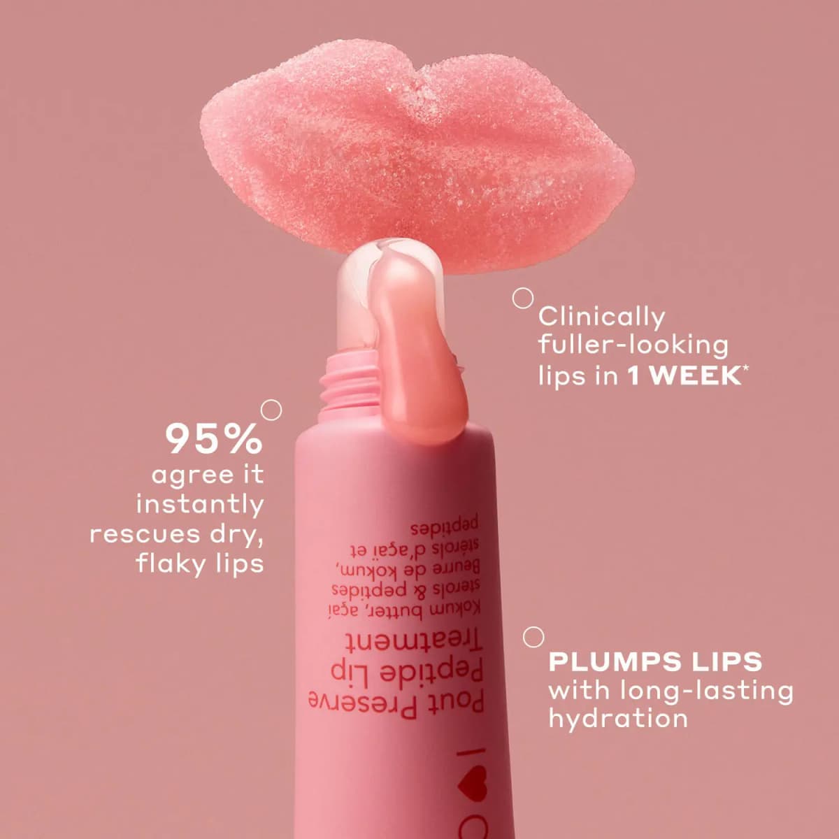 Pink tube topped with a sugared lip-shaped candy and claims about fuller-looking, hydrated lips