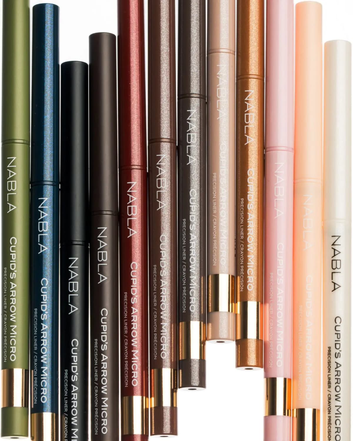 Row of Cupid's Arrow Micro pencils in green, blue, black, browns, red, bronze, pink, peach and pearl.
