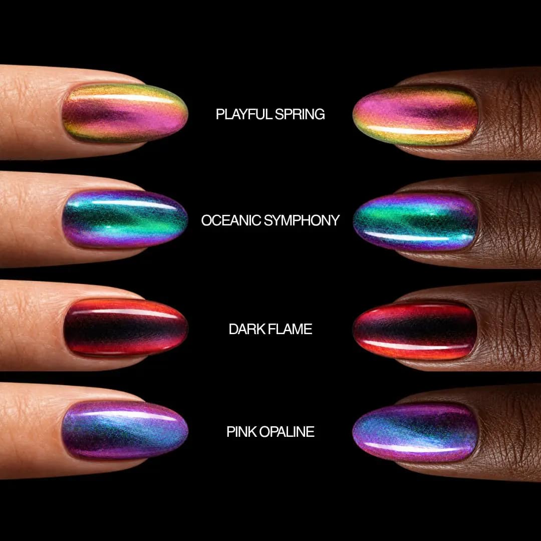 Playful Spring, Oceanic Symphony, Dark Flame and Pink Opaline swatched on light and deep skin tone nails side by side