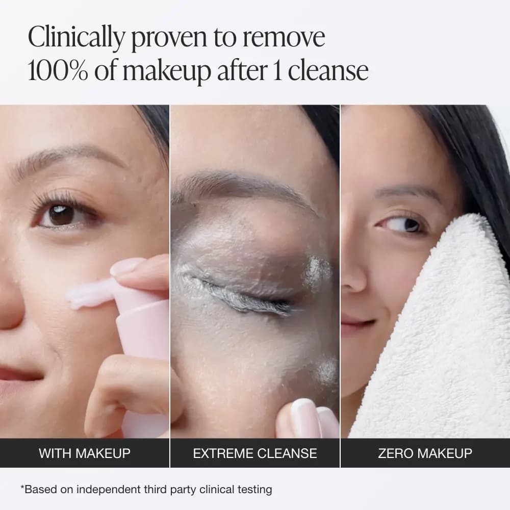Three panels of a woman with makeup, applying milky Extreme Cleanse, then a clean face patted with a white towel
