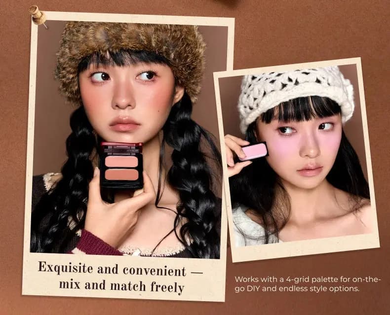 Two models holding a duo compact and a pink pan, captioned about mixing pans in a 4-grid palette