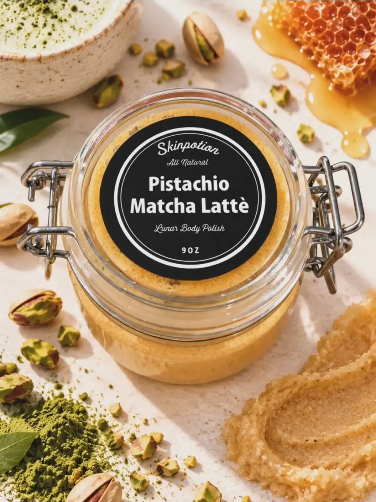 Clip-top glass jar of golden Lunar Body Polish with a sugary scrub swatch, pistachios, matcha powder and dripping honey