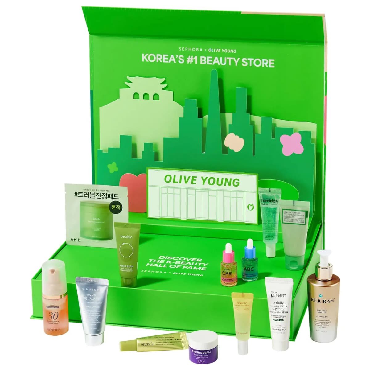 2026 OLIVE YOUNG x Sephora Advent Calendar, green box with pop-up Seoul skyline and 13 K-beauty skincare minis in front