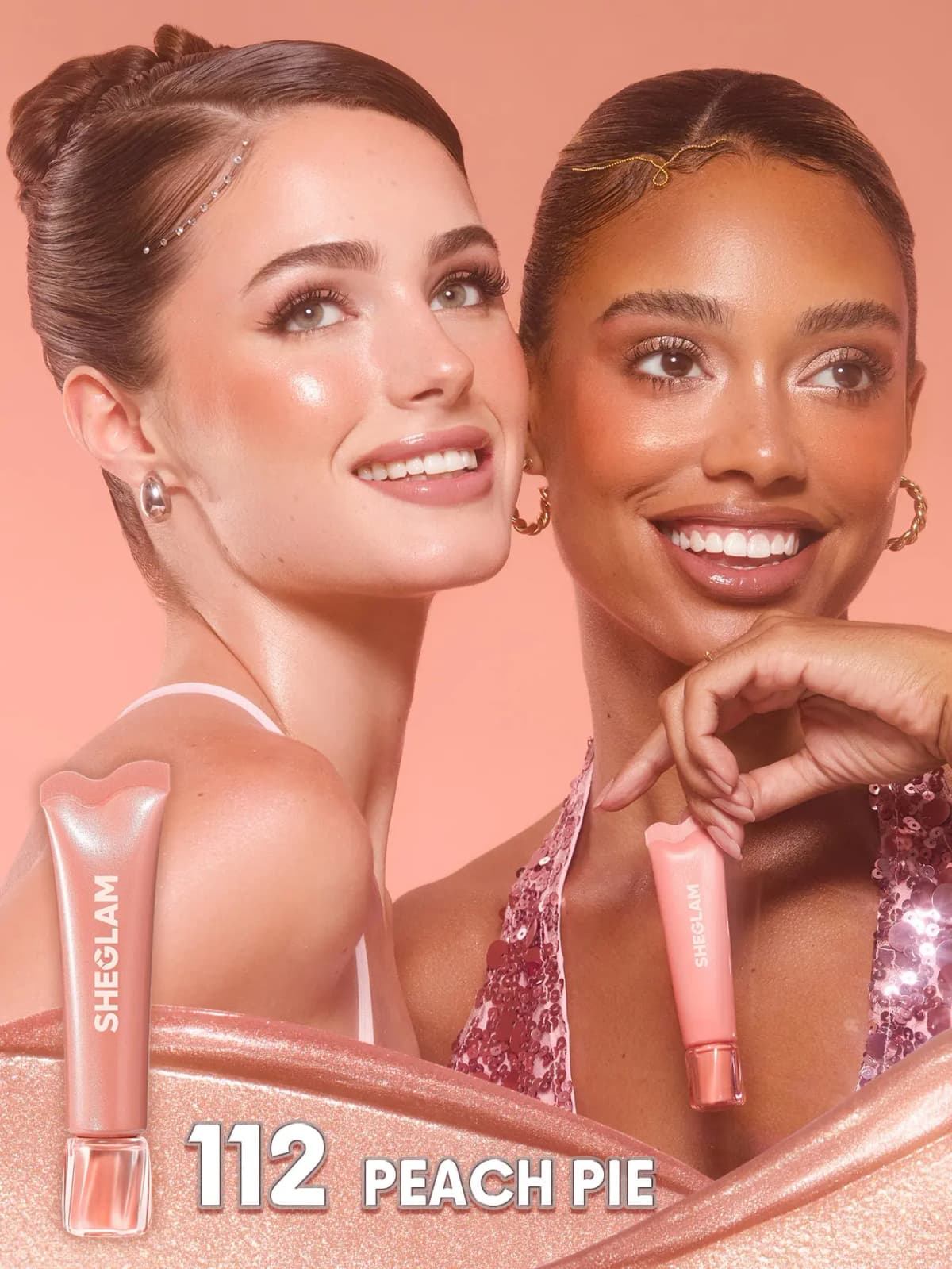 Two models with luminous peach cheeks pose with tubes, labelled 112 Peach Pie
