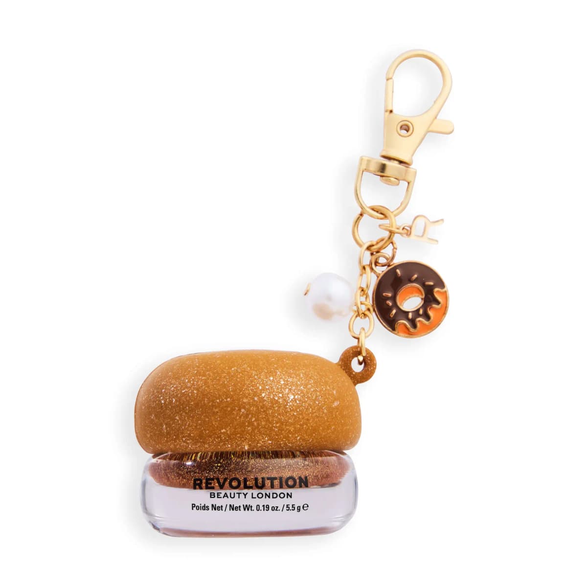 Bronze shimmer jelly with a gold glitter lid, chocolate donut, pearl and R charms on a gold clasp