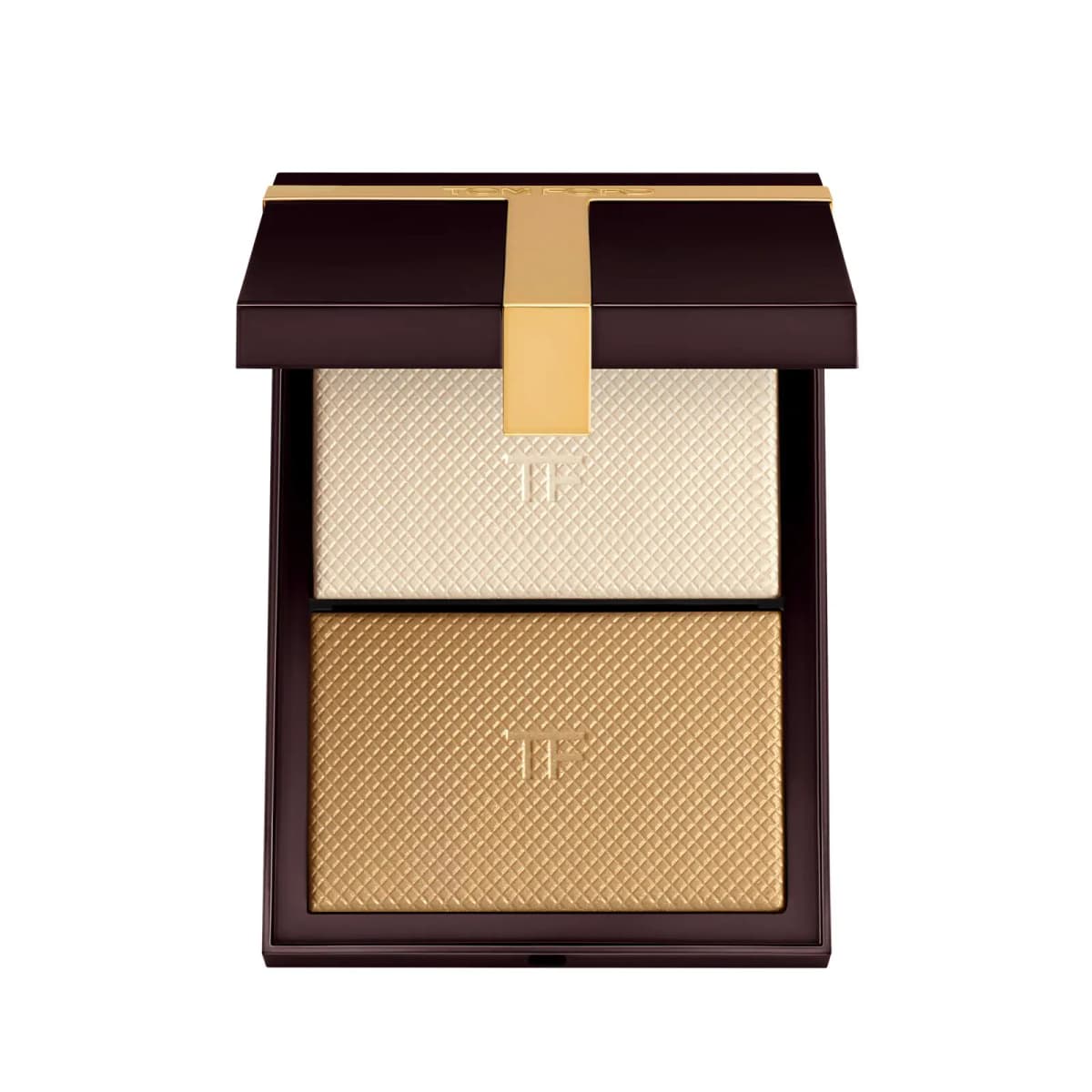 Open Tom Ford compact with an ivory-champagne highlight above a golden-beige shimmer powder in a dark brown case.