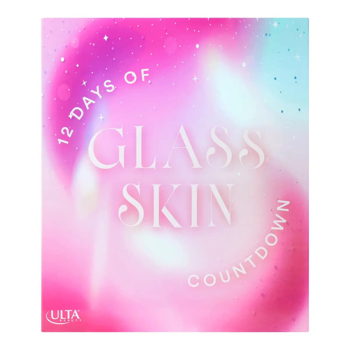 Front of the Ulta Beauty 12 Days of Glass Skin Countdown box with white serif text on a dreamy pink, purple and aqua blur