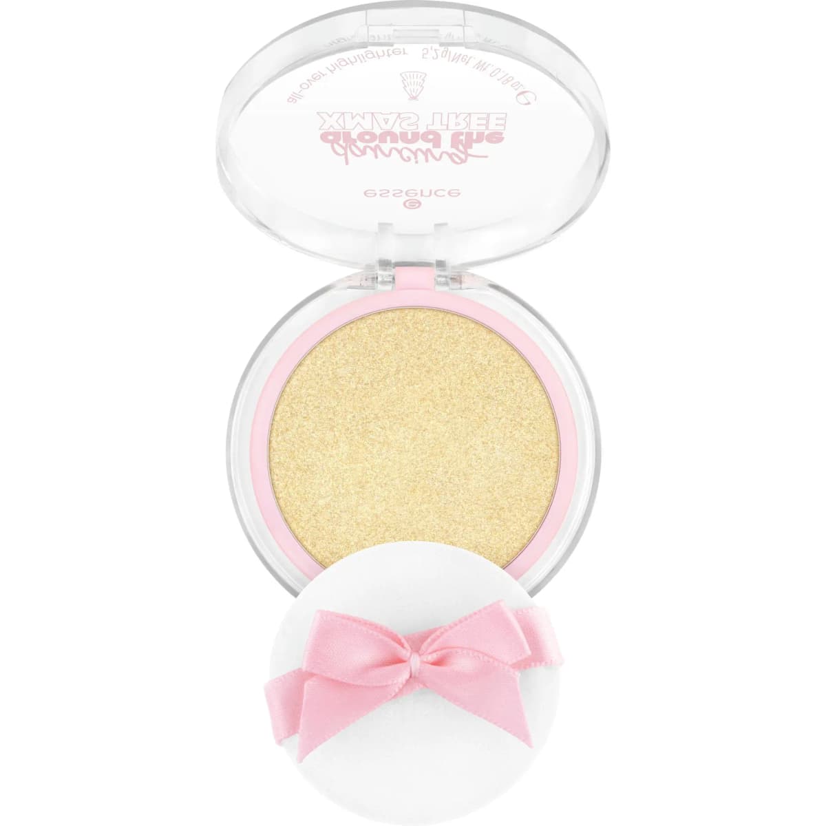 Open all-over highlighter compact with golden shimmer powder and a white puff tied with a pink satin bow