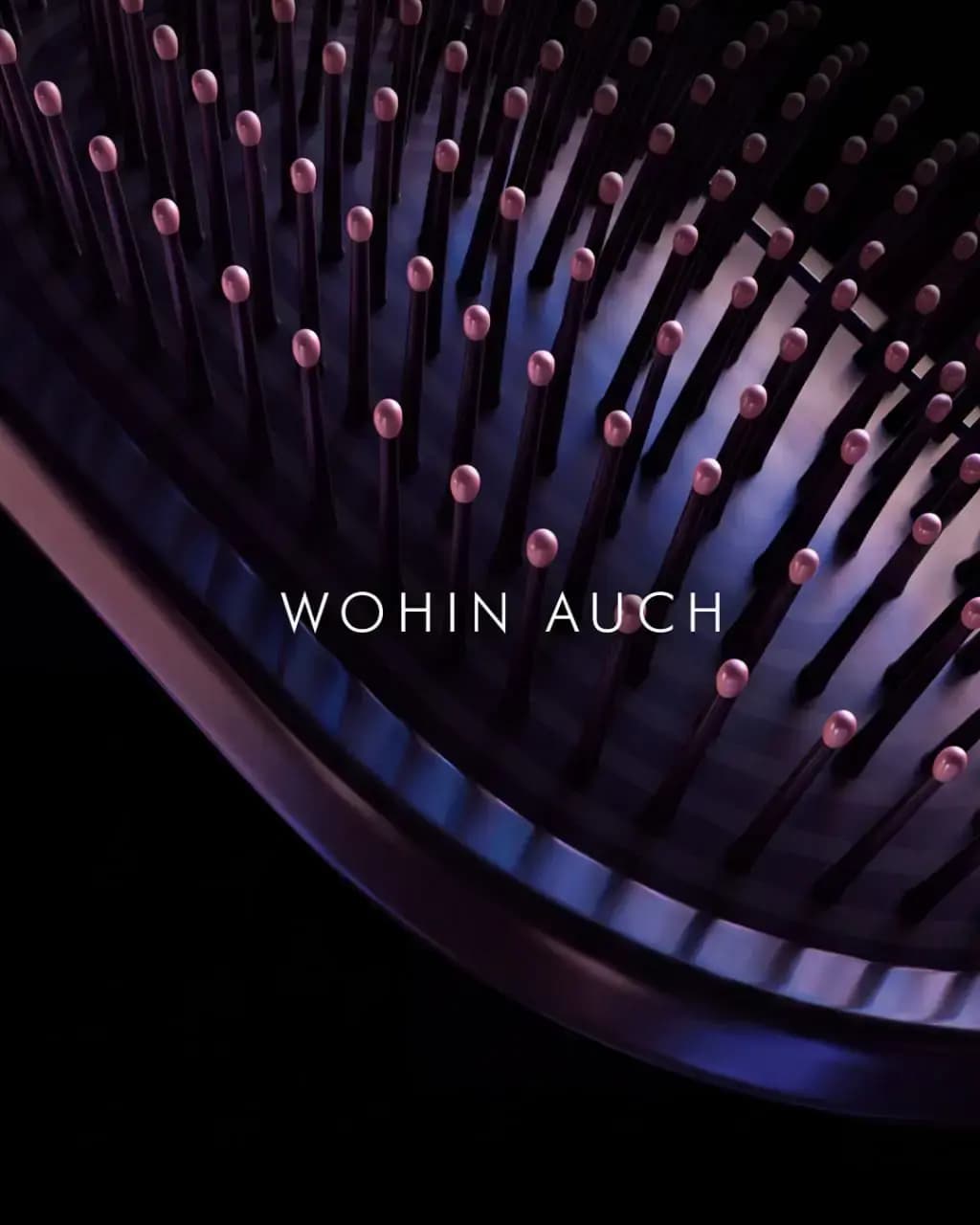 Macro of a paddle brush with pink-tipped bristles on a black background, captioned "WOHIN AUCH"