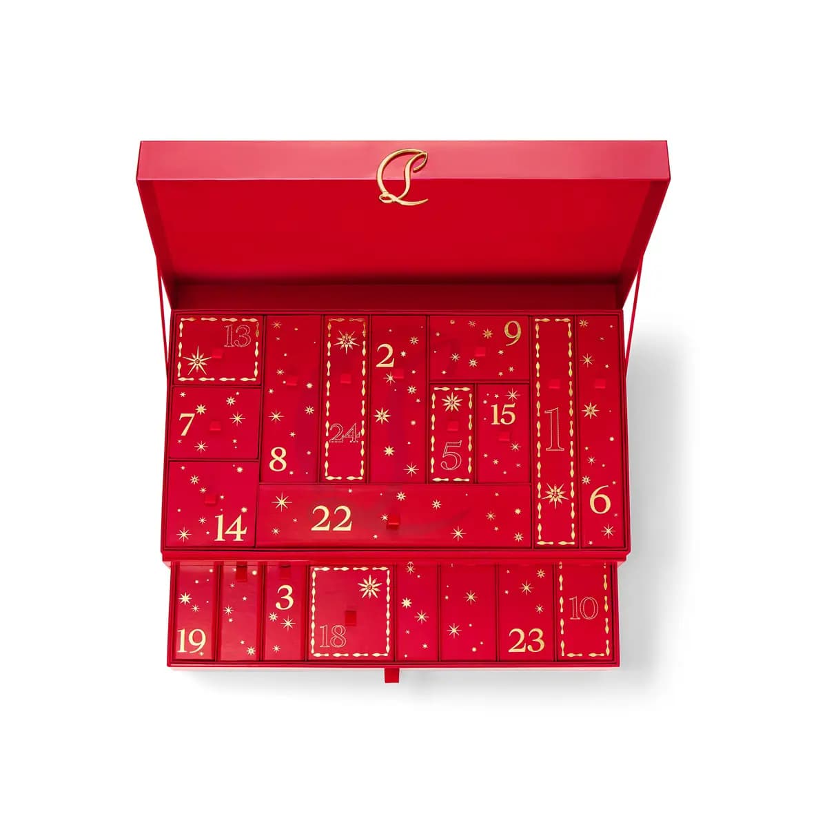 Top view of the open red chest showing gold-numbered doors 1 to 24 with star prints and a gold L clasp on the lid