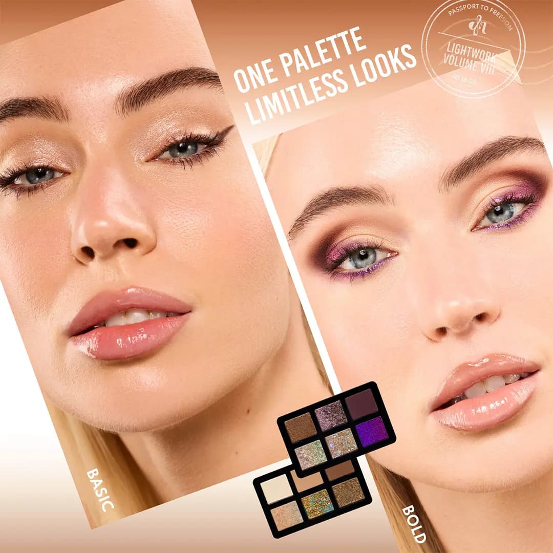 Fair-skinned model in a soft basic look beside a bold purple and plum smoky eye
