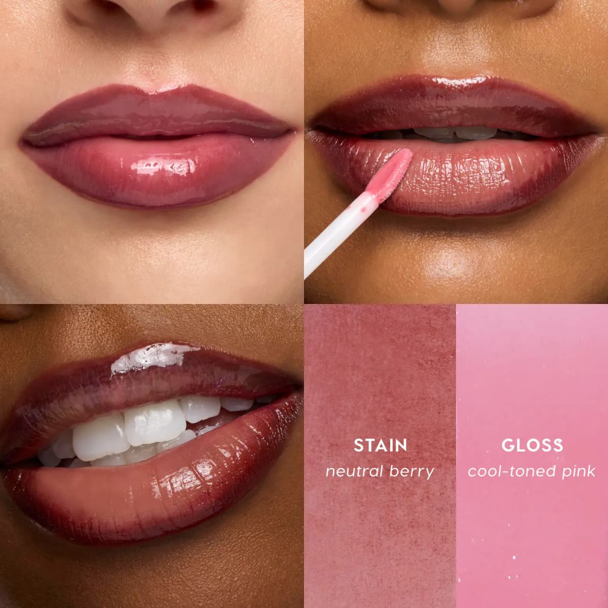 Neutral berry stain and cool-toned pink gloss on three models, one applying gloss with the doe-foot wand