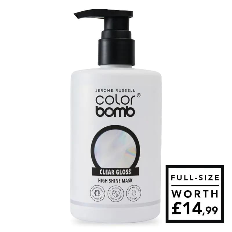 Jerome Russell Color Bomb Clear Gloss high shine hair mask white pump bottle, worth £14.99