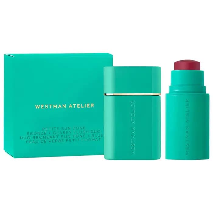 Green Westman Atelier Petite Sun Tone duo box paired with matching bronzer stick and berry blush stick