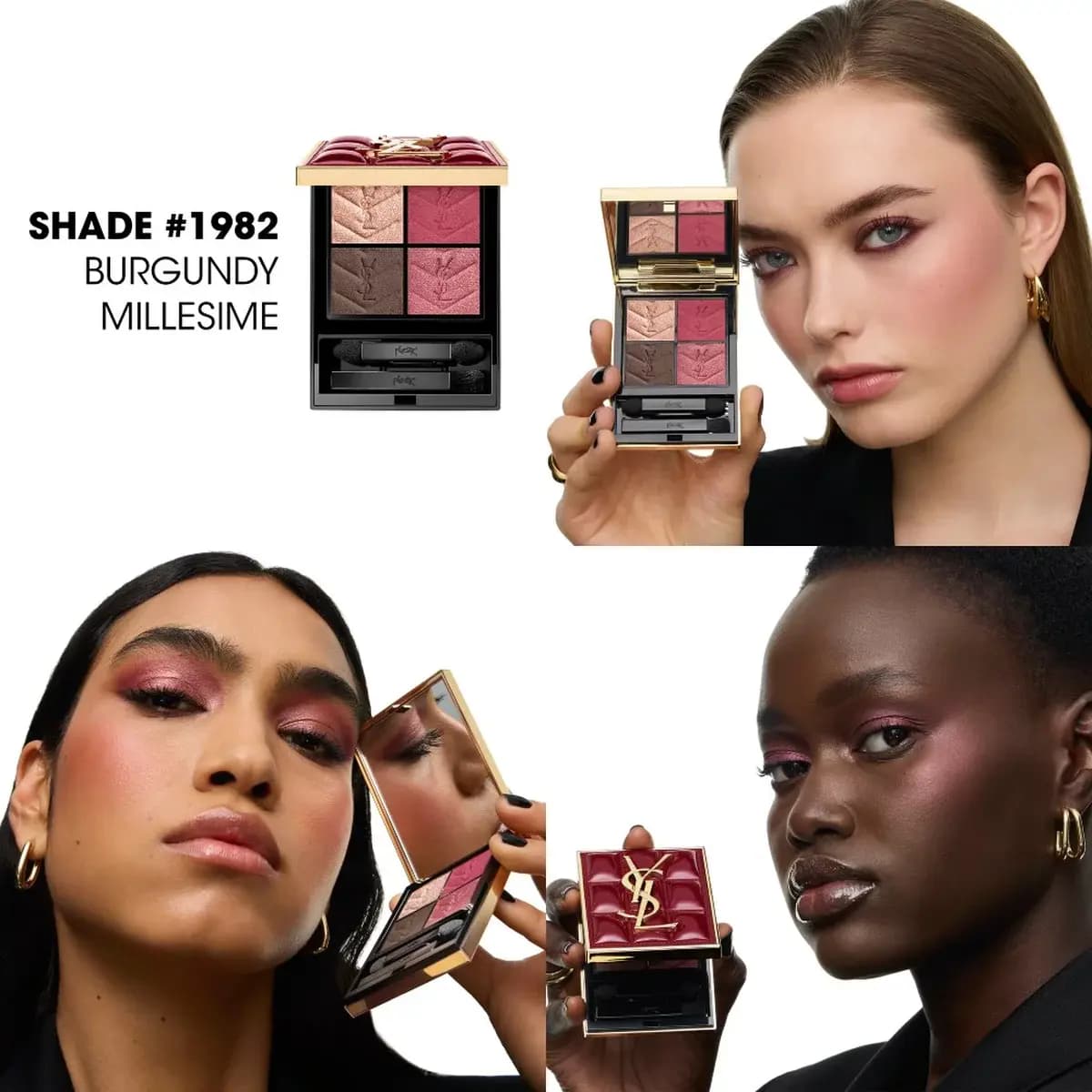 Three models wearing Burgundy Millesime eyeshadow and holding the open quad and its quilted burgundy lid