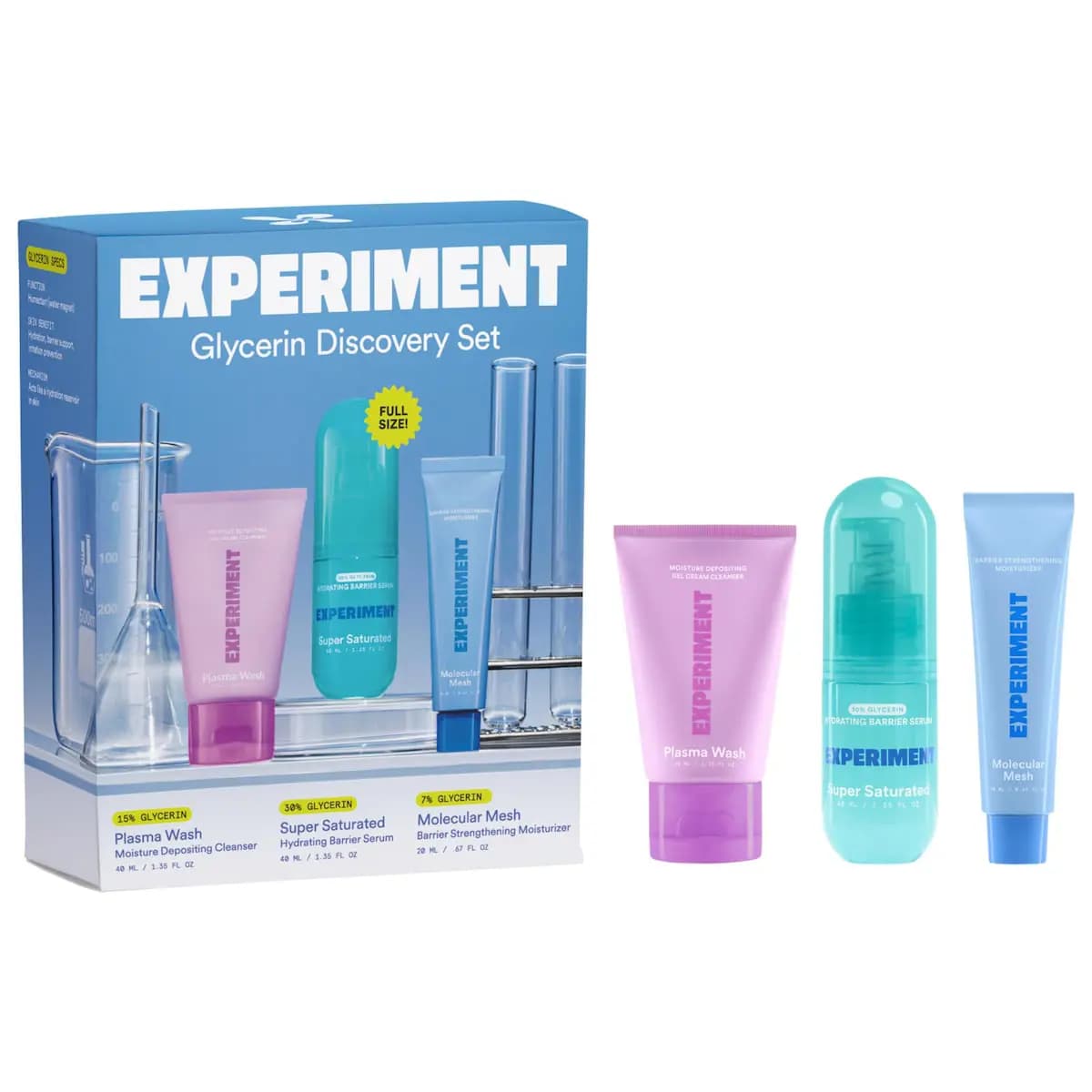 Experiment Glycerin Discovery Skincare Hydration Set box beside pink cleanser tube, teal serum bottle