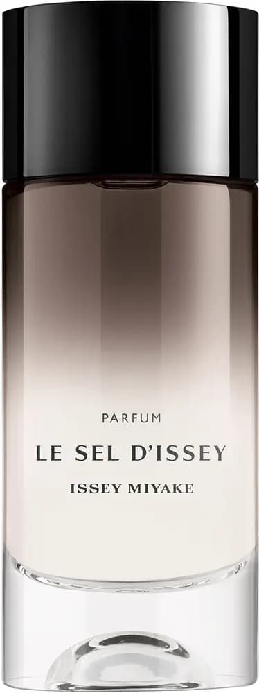 Le Sel d'Issey Parfum bottle cutout: glossy black cap, brown-to-white gradient glass and clear thick base