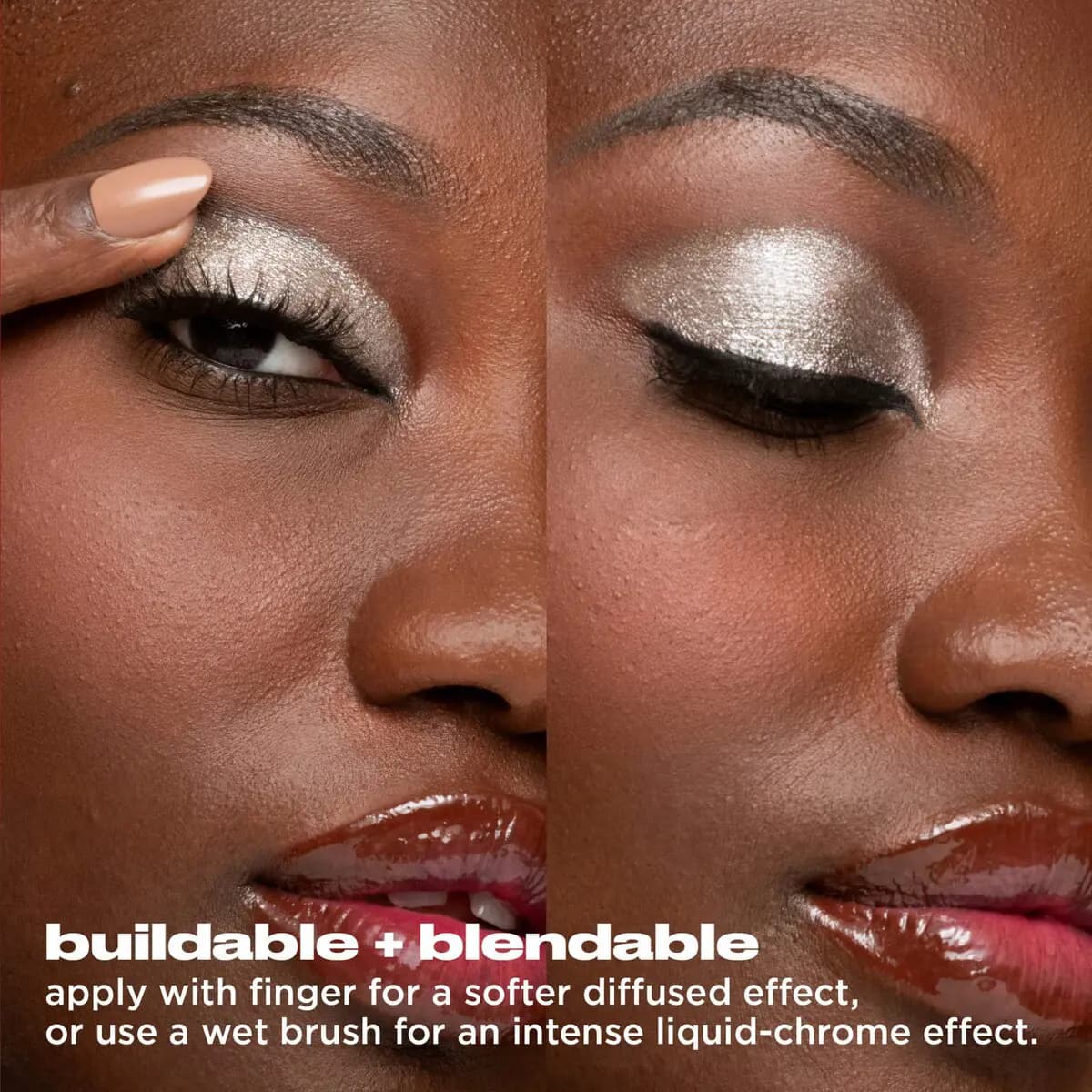 Before and after of a fingertip applying silver shimmer to a lid, with text explaining finger or wet brush application.